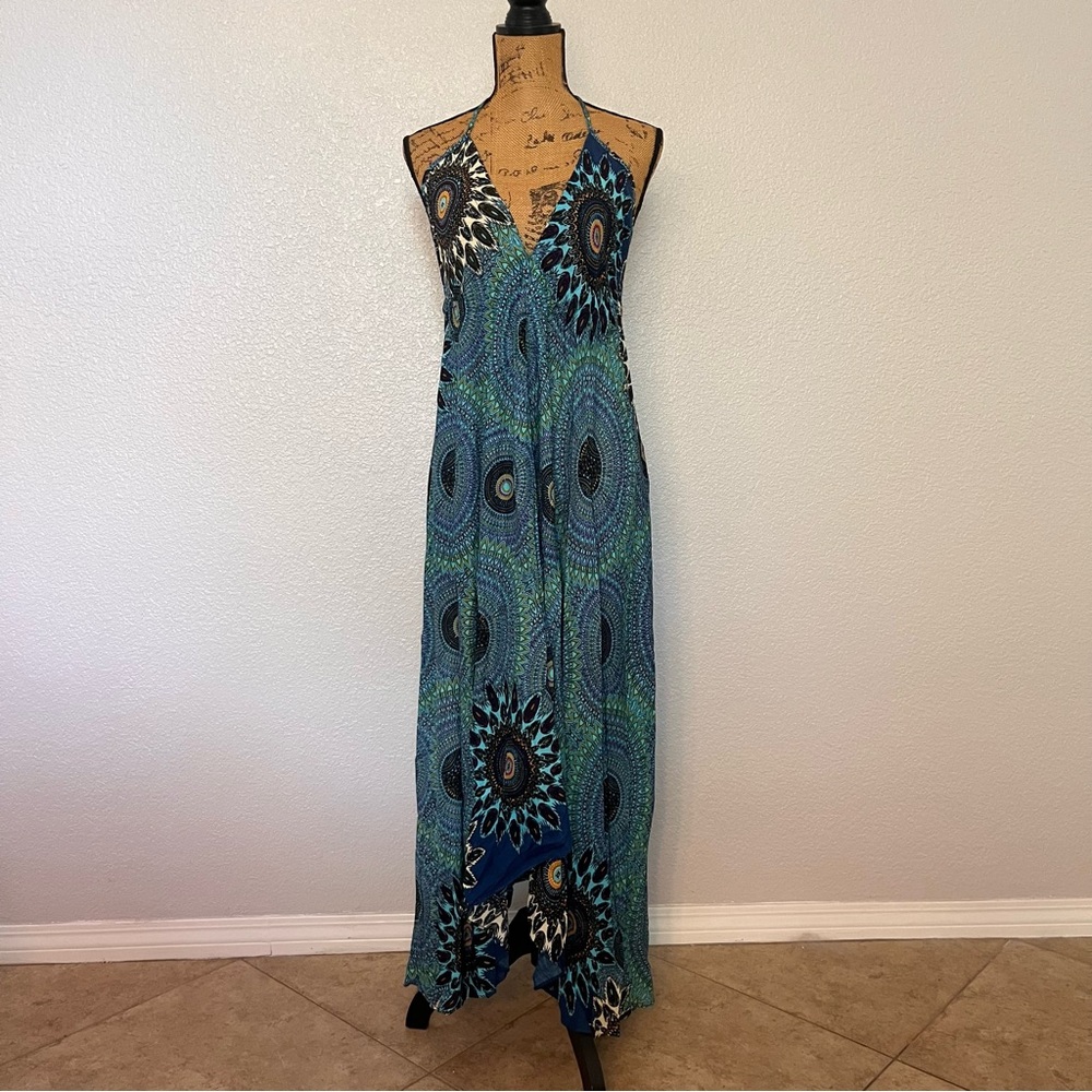 Elegant Blue and Green Maxi Dress